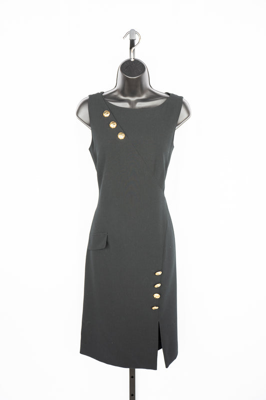Tahari Black w Gold button Detail High-Neck Sleeveless Knee-Length Dress
