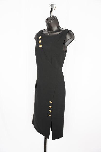 Tahari Black w Gold button Detail High-Neck Sleeveless Knee-Length Dress