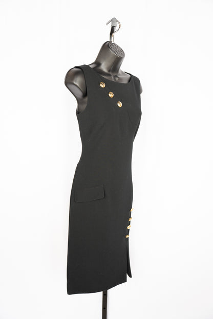 Tahari Black w Gold button Detail High-Neck Sleeveless Knee-Length Dress