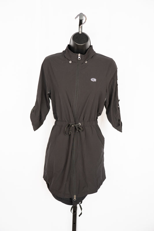 Soybu Black Half Sleeve Zip Up Hooded Athletic Mini Dress w Drawstring