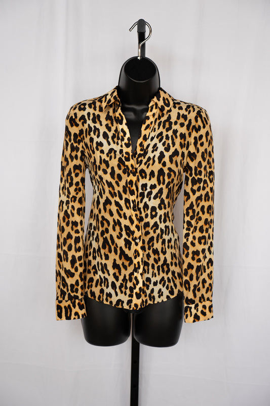Alice + Olivia Brown Black Leopard Print Long Sleeve Button Long Sleeve Blouse