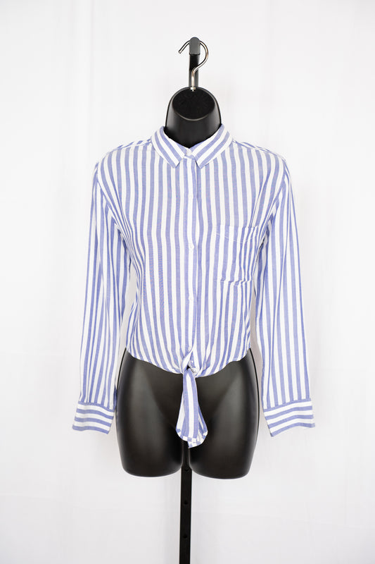 Rails Blue & white Striped Long Sleeve Knot Tie Button Up Blouse
