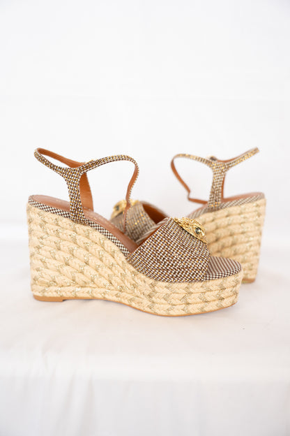 Kurt Geiger Brown Plaid w Gold Gemstone Platform Wedge Sandals