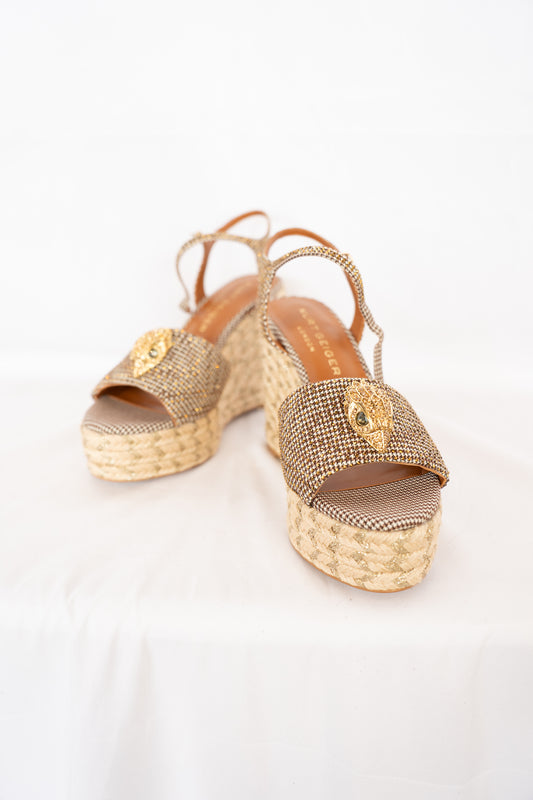 Kurt Geiger Brown Plaid w Gold Gemstone Platform Wedge Sandals