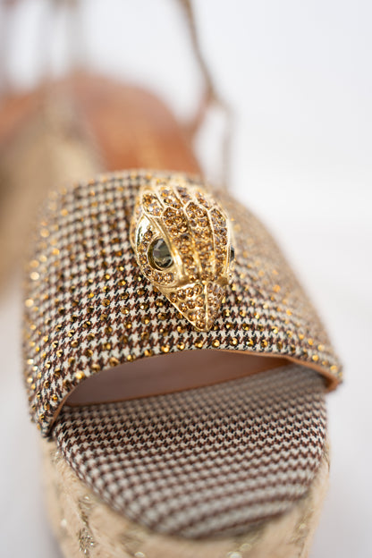 Kurt Geiger Brown Plaid w Gold Gemstone Platform Wedge Sandals