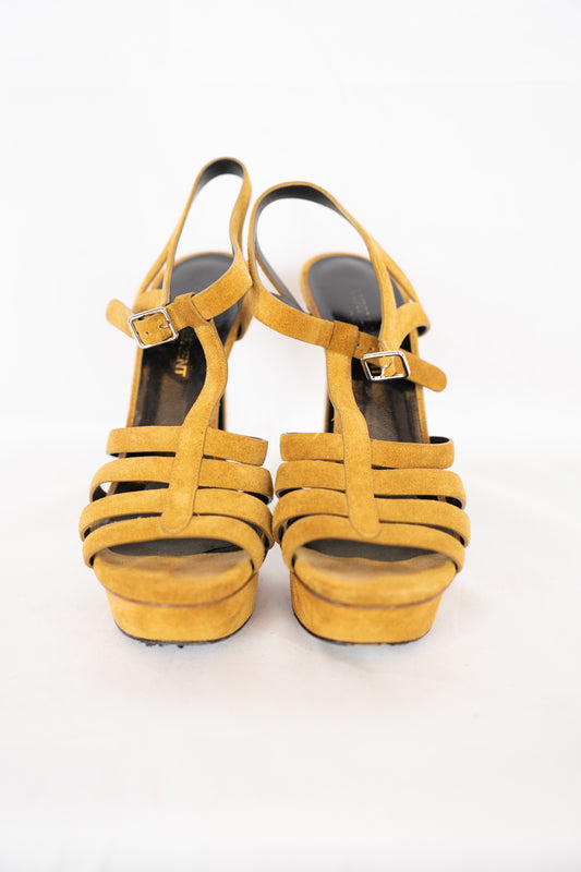 Saint Laurent Brown Suede Open Toe Strappy Ankle Buckle Heels