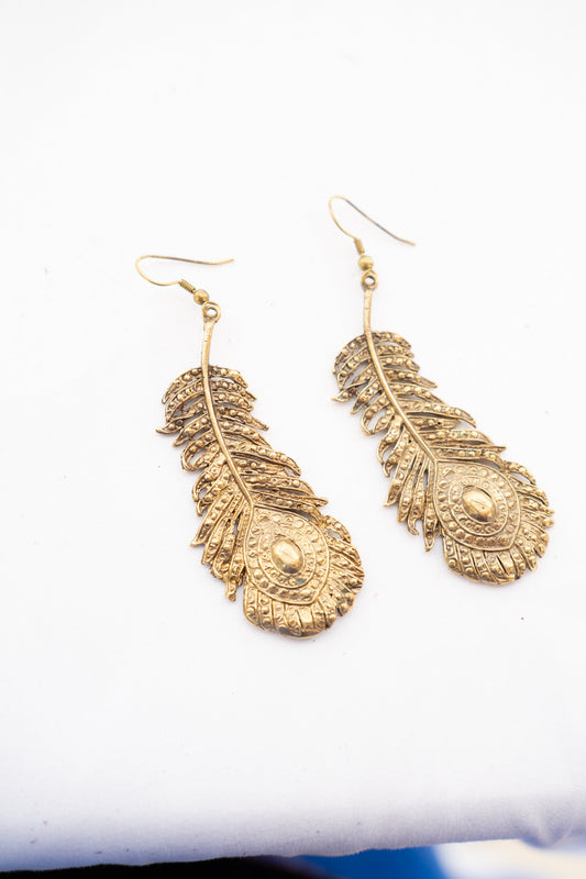 Brass Peacock Feather Dangle Earrings