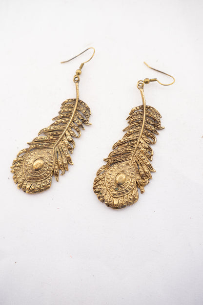 Brass Peacock Feather Dangle Earrings
