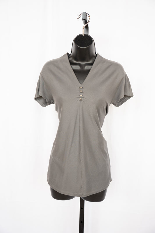 Brunello Cucinelli Grey V-Neck Signature Bead Short Sleeve Top