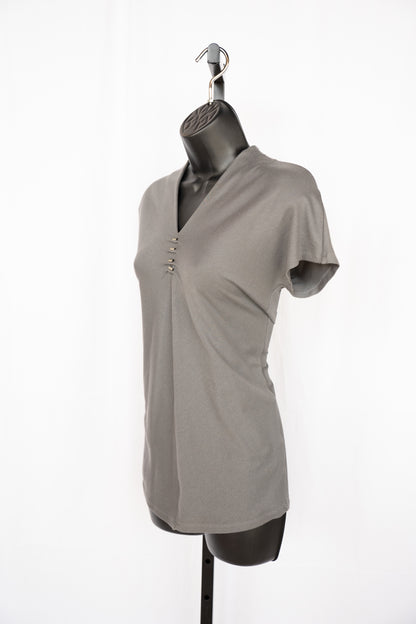 Brunello Cucinelli Grey V-Neck Signature Bead Short Sleeve Top