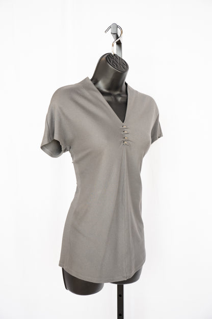 Brunello Cucinelli Grey V-Neck Signature Bead Short Sleeve Top