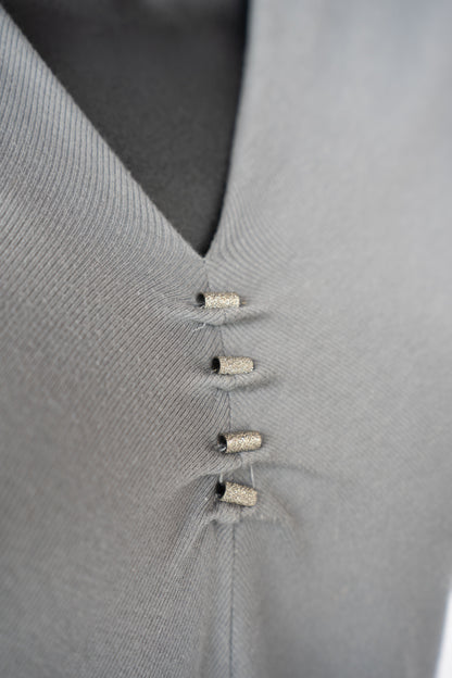 Brunello Cucinelli Grey V-Neck Signature Bead Short Sleeve Top
