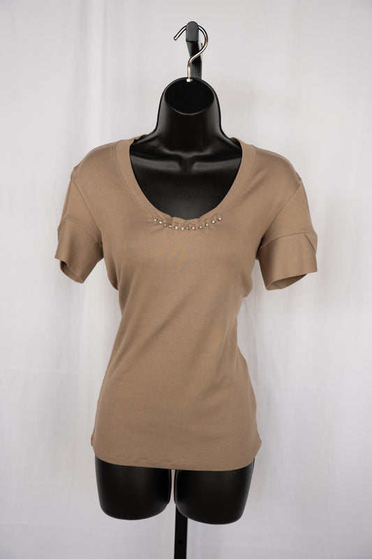 Brunello Cucinelli Dark Taupe 1/2 Sleeve Signature Bead Neckline Top