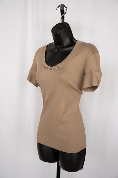 Brunello Cucinelli Dark Taupe 1/2 Sleeve Signature Bead Neckline Top