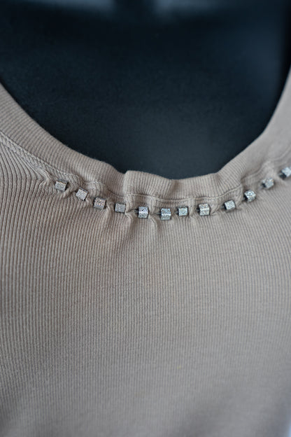 Brunello Cucinelli Dark Taupe 1/2 Sleeve Signature Bead Neckline Top