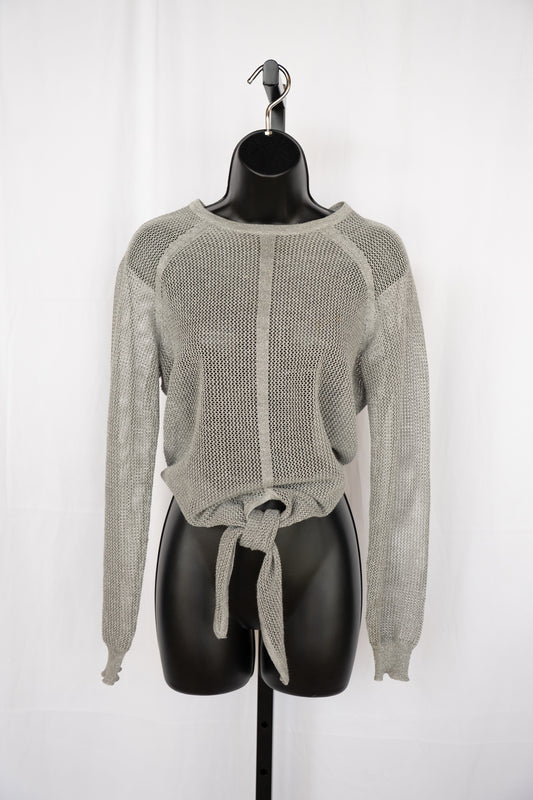 Parker Silver Sparkle Netted Knit Long Sleeve Top w Knot Tie