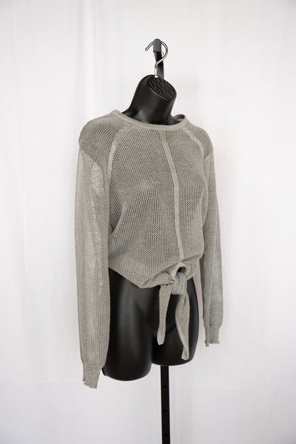 Parker Silver Sparkle Netted Knit Long Sleeve Top w Knot Tie
