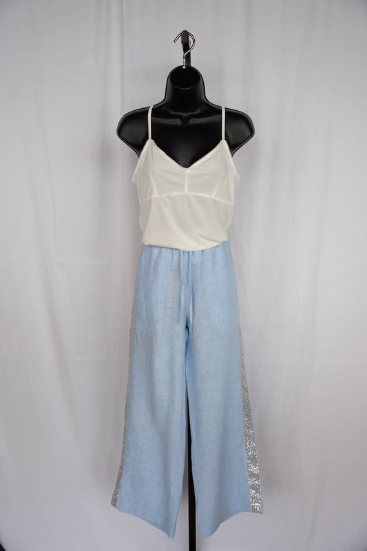 Saks Fifth Avenue Linen Light Blue w Side Silver Sequin Relaxed Fit Pants
