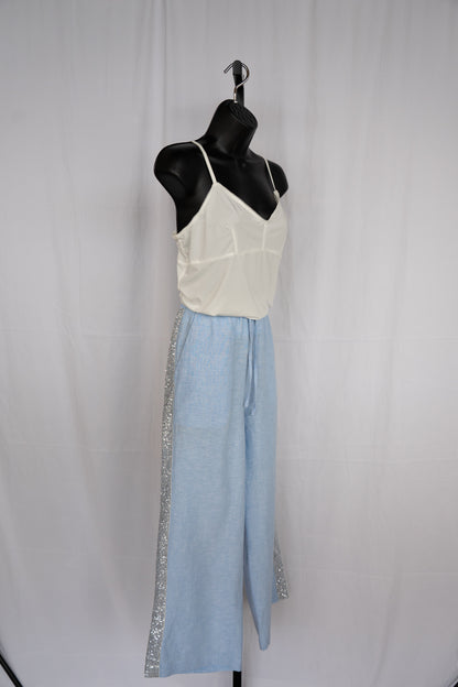 Saks Fifth Avenue Linen Light Blue w Side Silver Sequin Relaxed Fit Pants