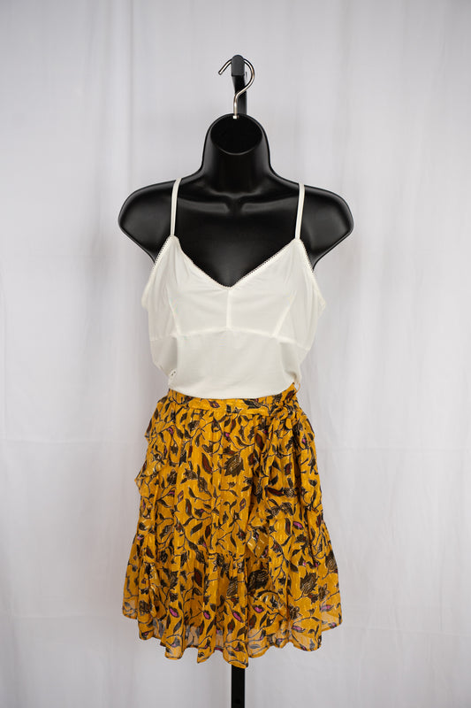 Ulla Johnson Silk Mustard Yellow & Black Floral Ruffle Mini Skirt w Waist Tie