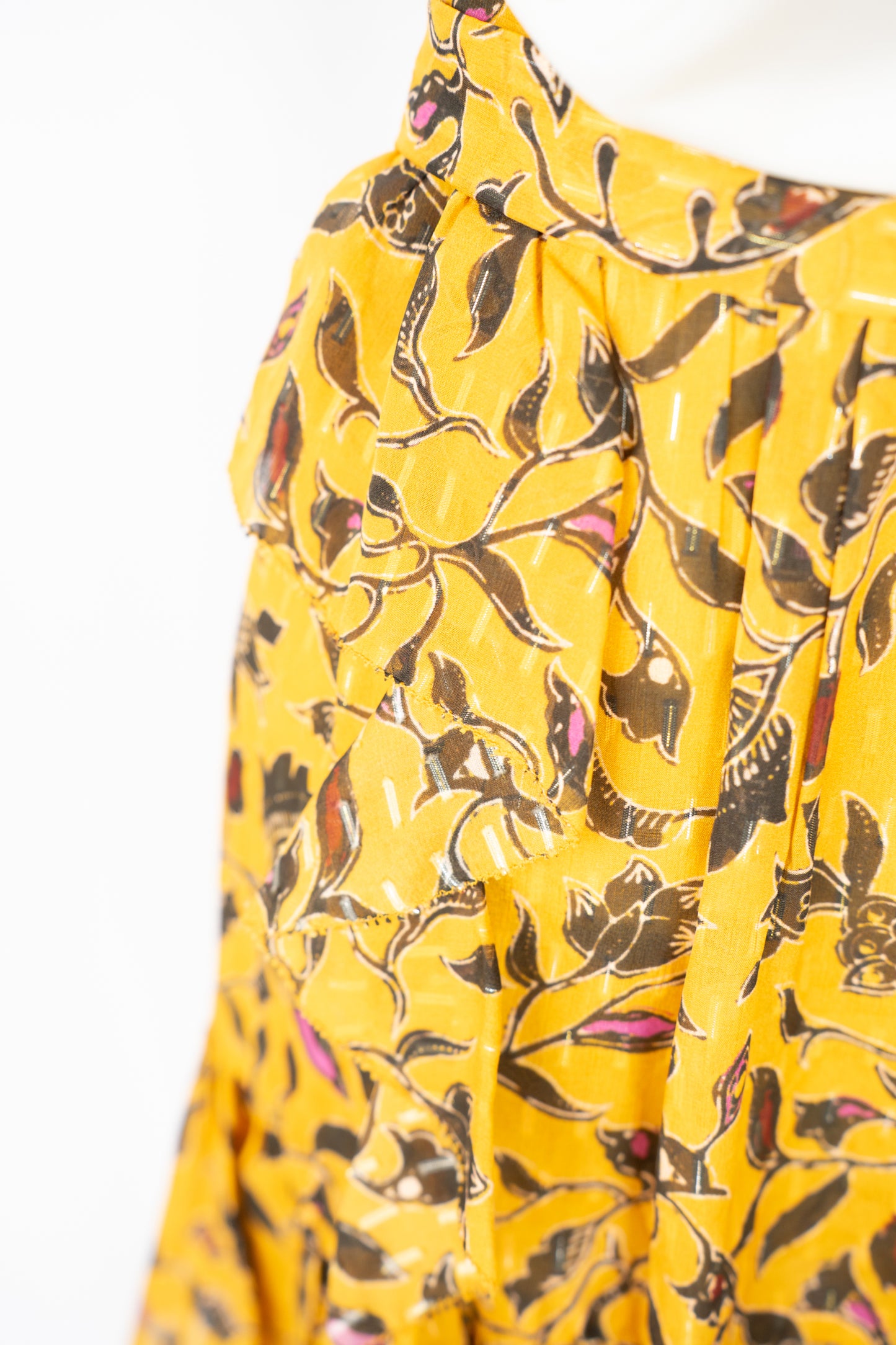 Ulla Johnson Silk Mustard Yellow & Black Floral Ruffle Mini Skirt w Waist Tie