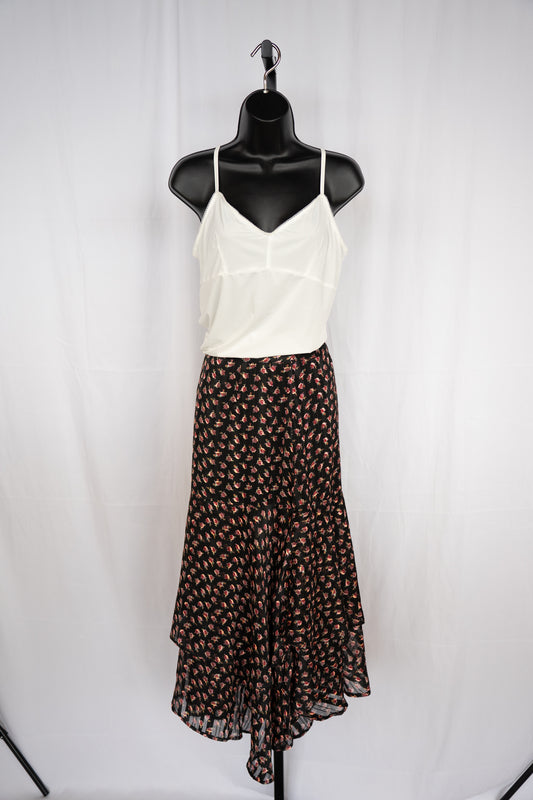 Scotch & Soda Black & Pink Floral Ruffle Hem Midi Skirt