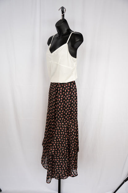 Scotch & Soda Black & Pink Floral Ruffle Hem Midi Skirt