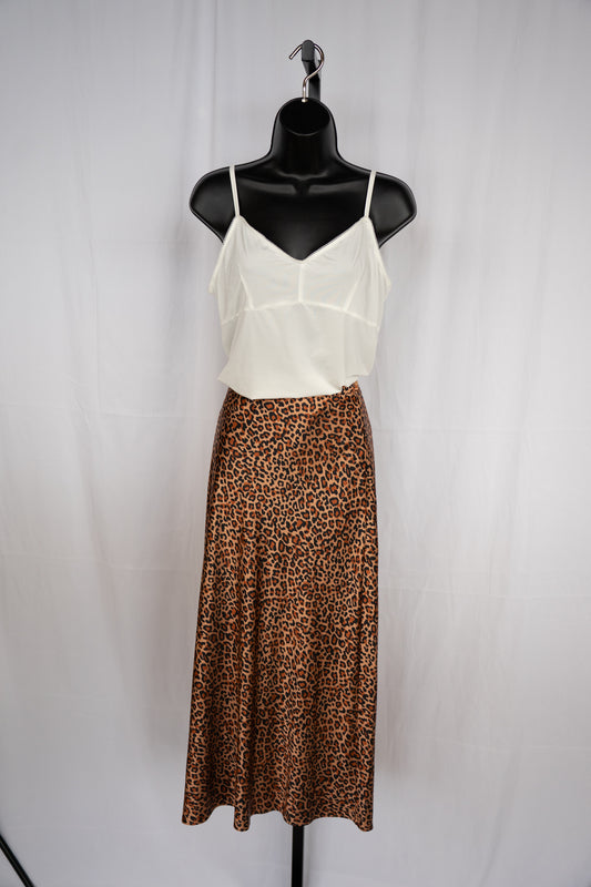 Something Navy Satin Brown Leopard Print Midi Skirt
