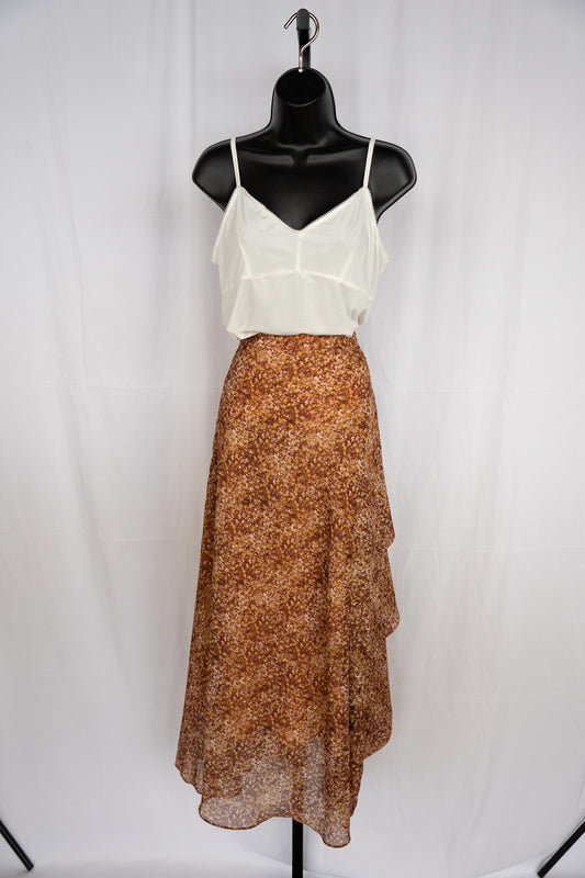 All Saints Brown & Yellow Print Ruffle Hem Midi Skirt