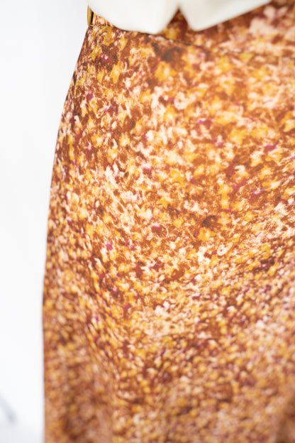 All Saints Brown & Yellow Print Ruffle Hem Midi Skirt