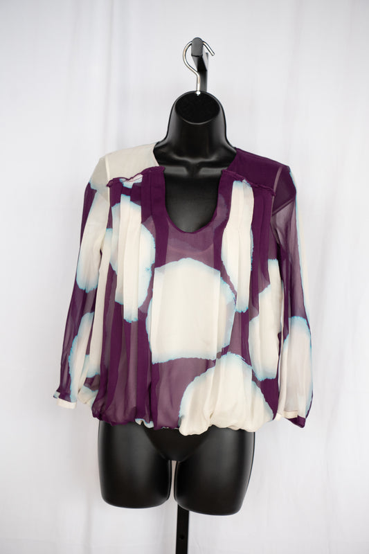 DVF Silk Purple & White Print U-Neck Long Sleeve Blouse