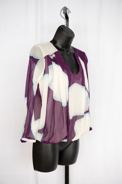 DVF Silk Purple & White Print U-Neck Long Sleeve Blouse