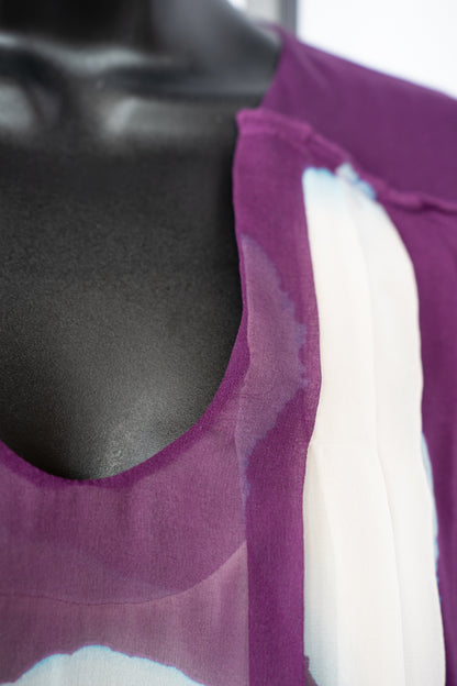 DVF Silk Purple & White Print U-Neck Long Sleeve Blouse