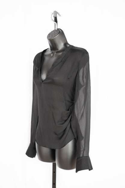 Elizabeth and James Silk Black Half Button Long Sleeve Blouse