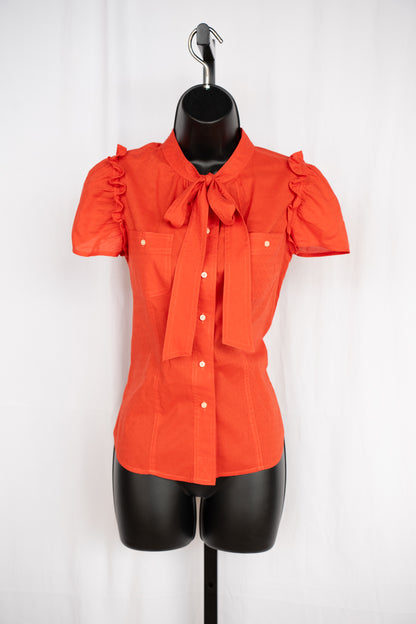 Marc By Marc Jacobs Orange Short Ruffle Sleeve Button Up Tie-Neck Top