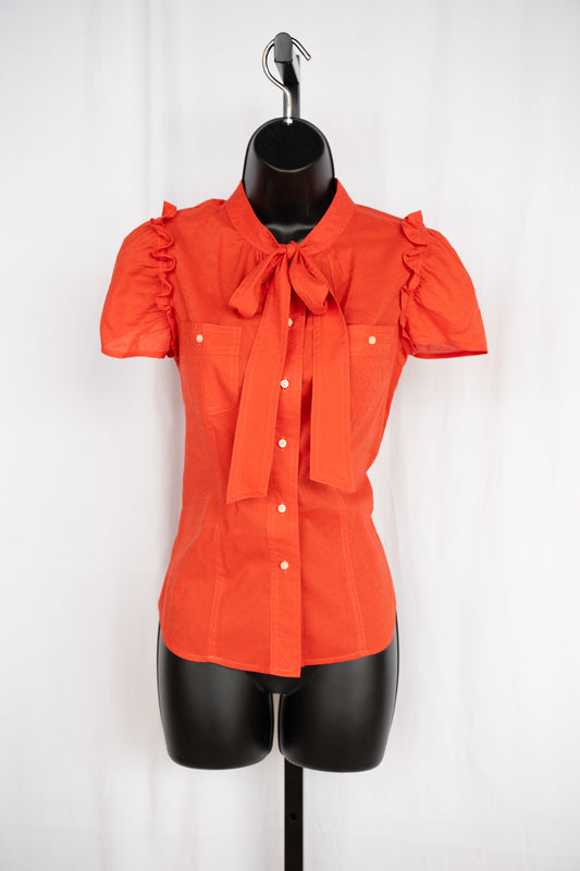 Marc By Marc Jacobs Orange Short Ruffle Sleeve Button Up Tie-Neck Top
