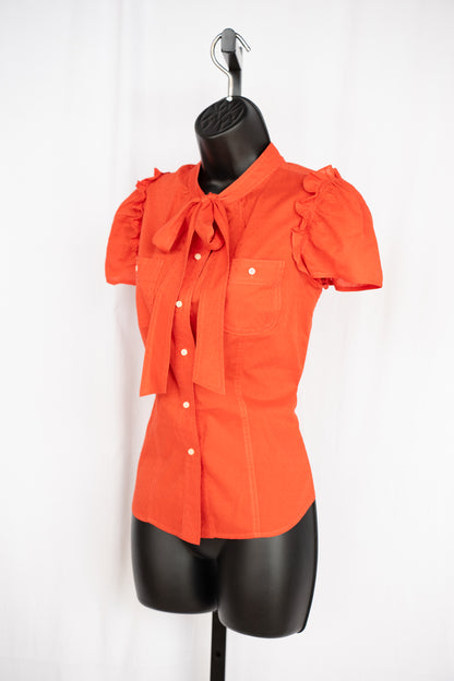 Marc By Marc Jacobs Orange Short Ruffle Sleeve Button Up Tie-Neck Top