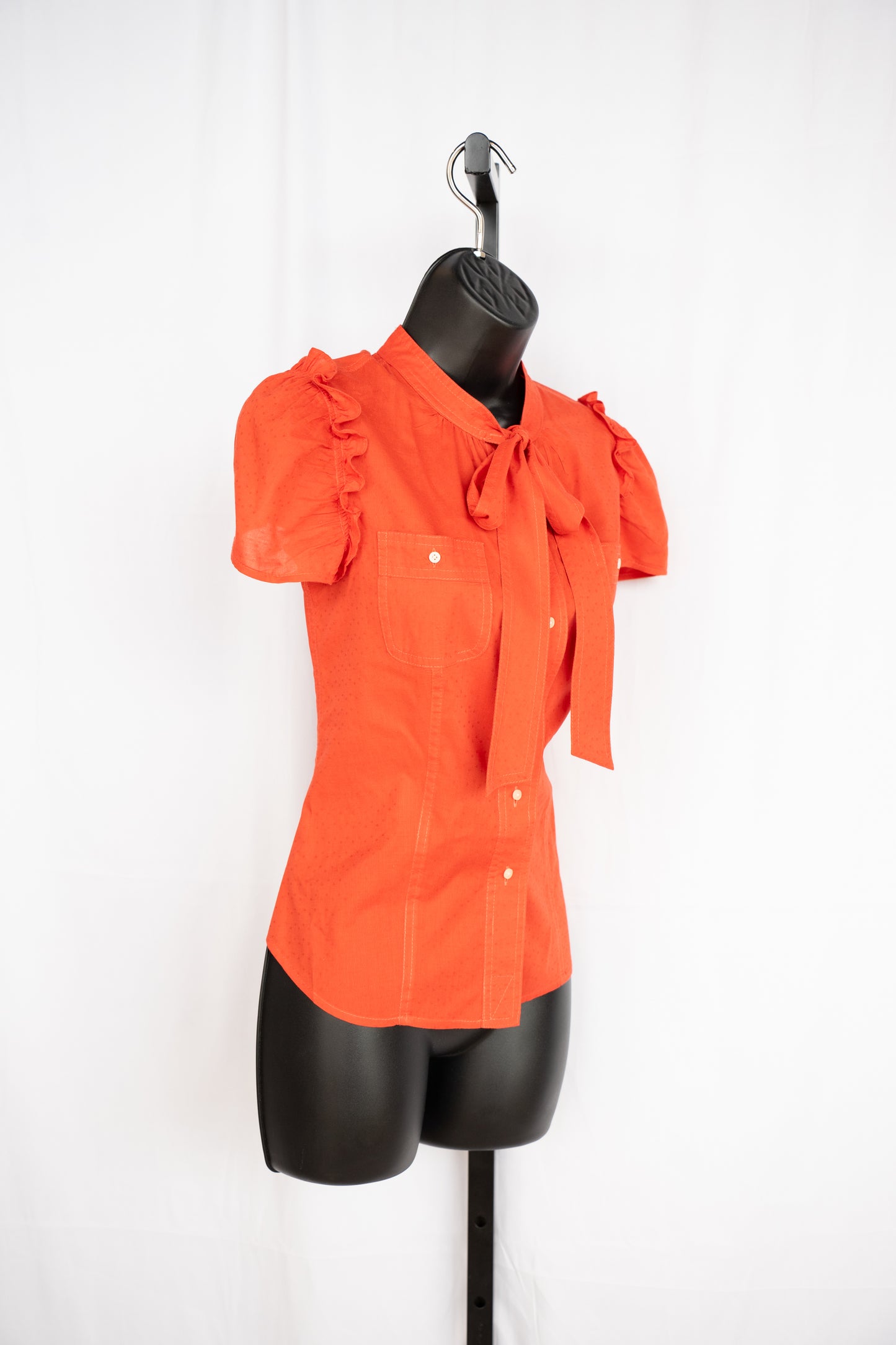 Marc By Marc Jacobs Orange Short Ruffle Sleeve Button Up Tie-Neck Top