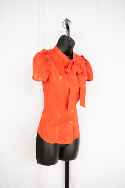 Marc By Marc Jacobs Orange Short Ruffle Sleeve Button Up Tie-Neck Top