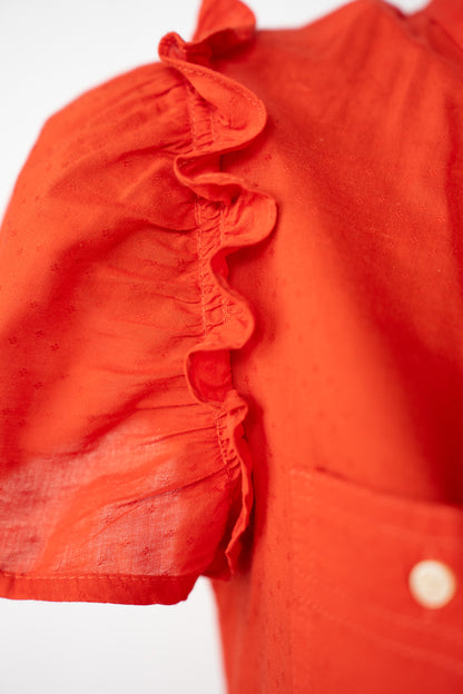Marc By Marc Jacobs Orange Short Ruffle Sleeve Button Up Tie-Neck Top