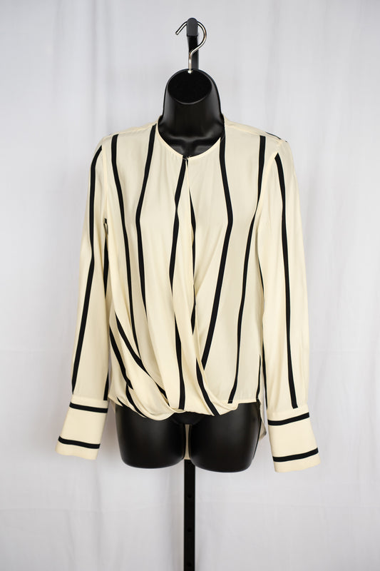 Rag & Bone Silk Pearl & Black Stripe Long Sleeve Wrap Front w Low Hem