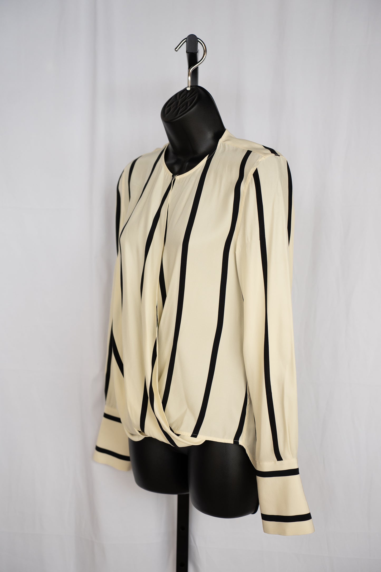 Rag & Bone Silk Pearl & Black Stripe Long Sleeve Wrap Front w Low Hem