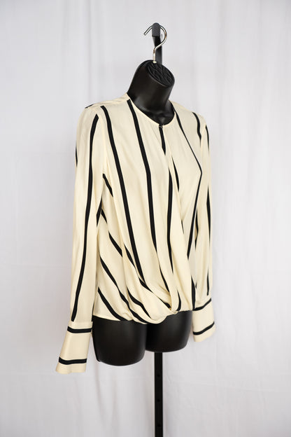 Rag & Bone Silk Pearl & Black Stripe Long Sleeve Wrap Front w Low Hem