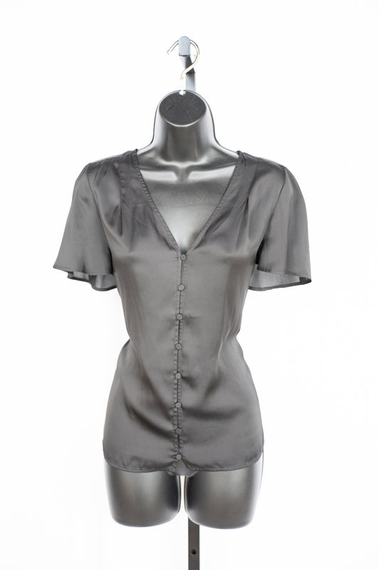 Paige Satin Black Short Flutter Sleeve Button Up Top