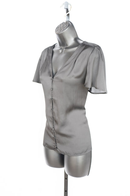 Paige Satin Black Short Flutter Sleeve Button Up Top