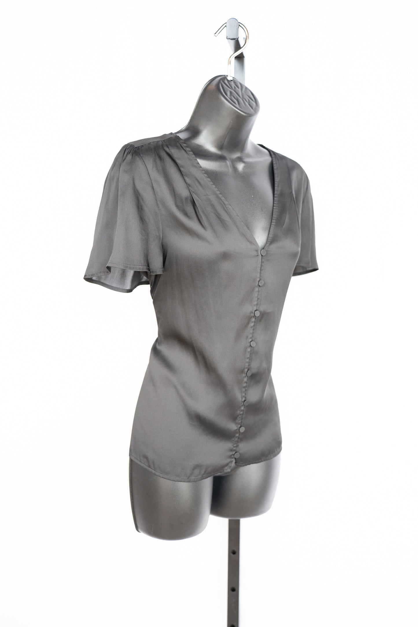 Paige Satin Black Short Flutter Sleeve Button Up Top