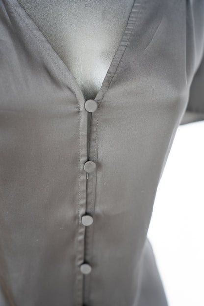 Paige Satin Black Short Flutter Sleeve Button Up Top