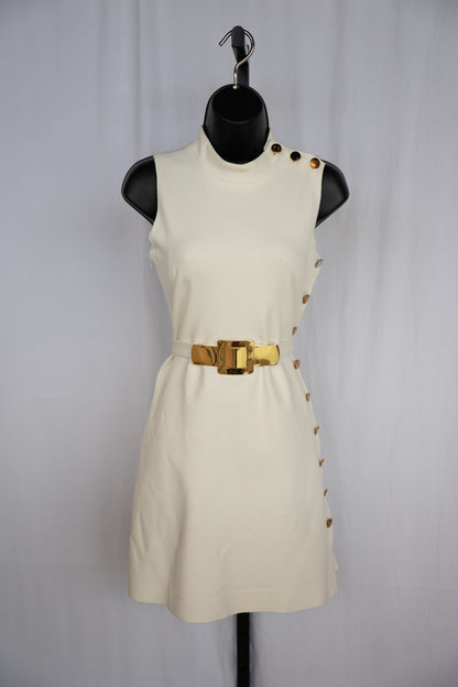 Milly White Mock Neck Sleeveless Gold Button Detail Mini Dress w Belt