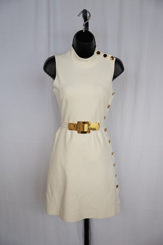 Milly White Mock Neck Sleeveless Gold Button Detail Mini Dress w Belt