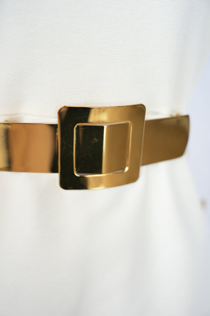 Milly White Mock Neck Sleeveless Gold Button Detail Mini Dress w Belt
